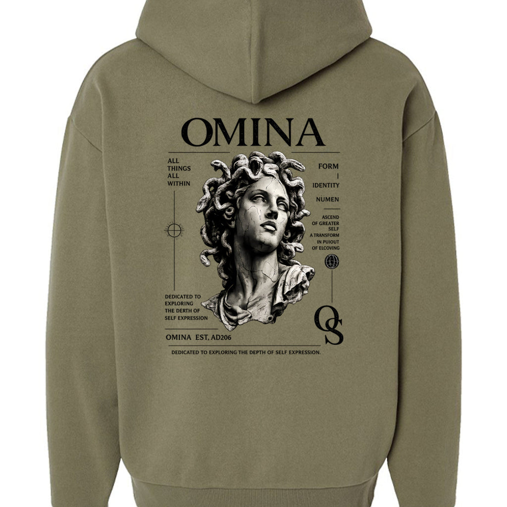 Omina Studio olive green hoodie with a Medusa bust graphic, inspired by classical sculpture and streetwear.
