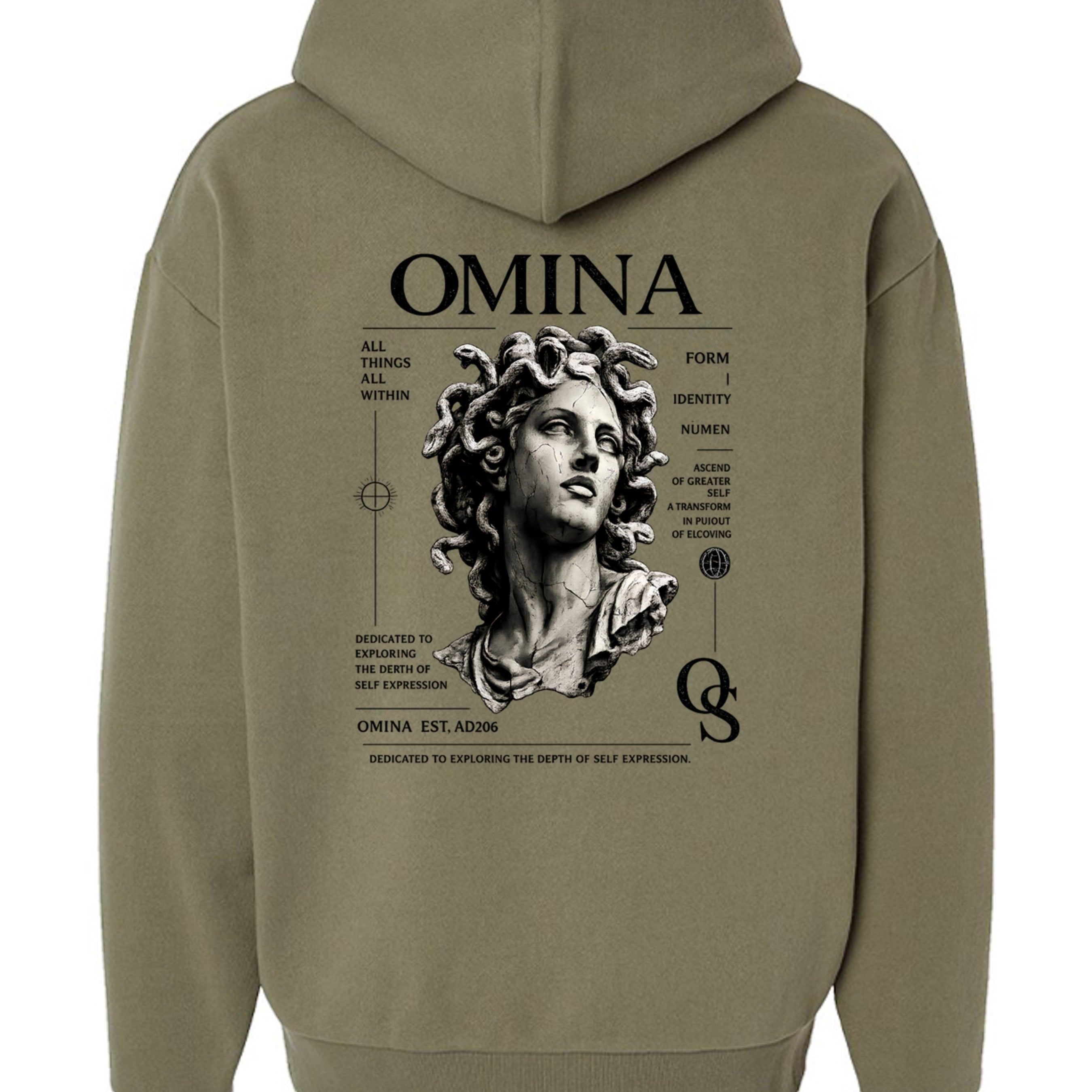 Omina Studio olive green hoodie with a Medusa bust graphic, inspired by classical sculpture and streetwear.