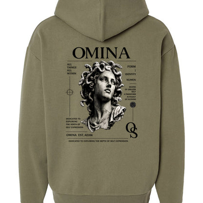 Omina Studio olive green hoodie with a Medusa bust graphic, inspired by classical sculpture and streetwear.