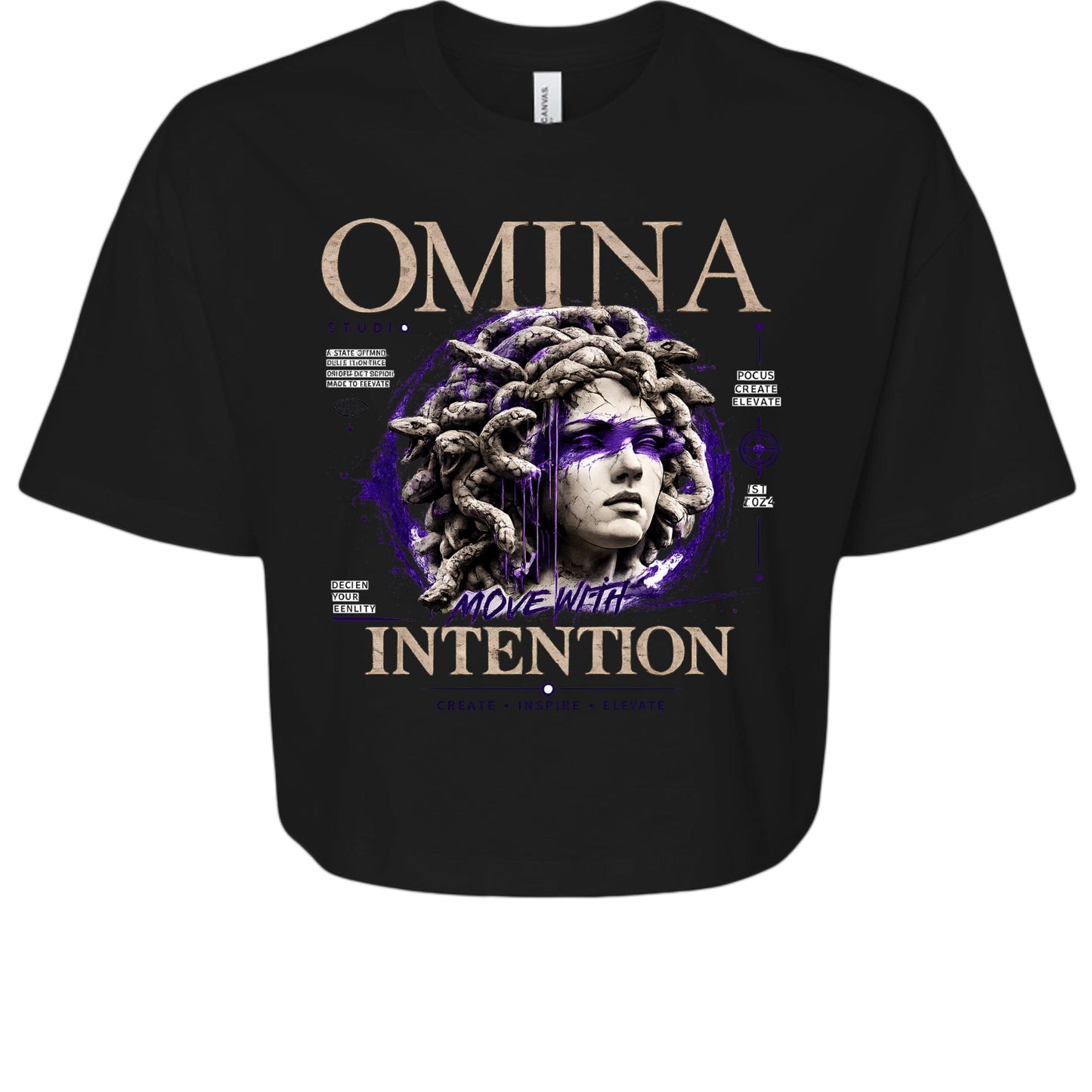 OMINA Studio black cropped heavyweight tee with Medusa graphic and "Move With Intention" text.