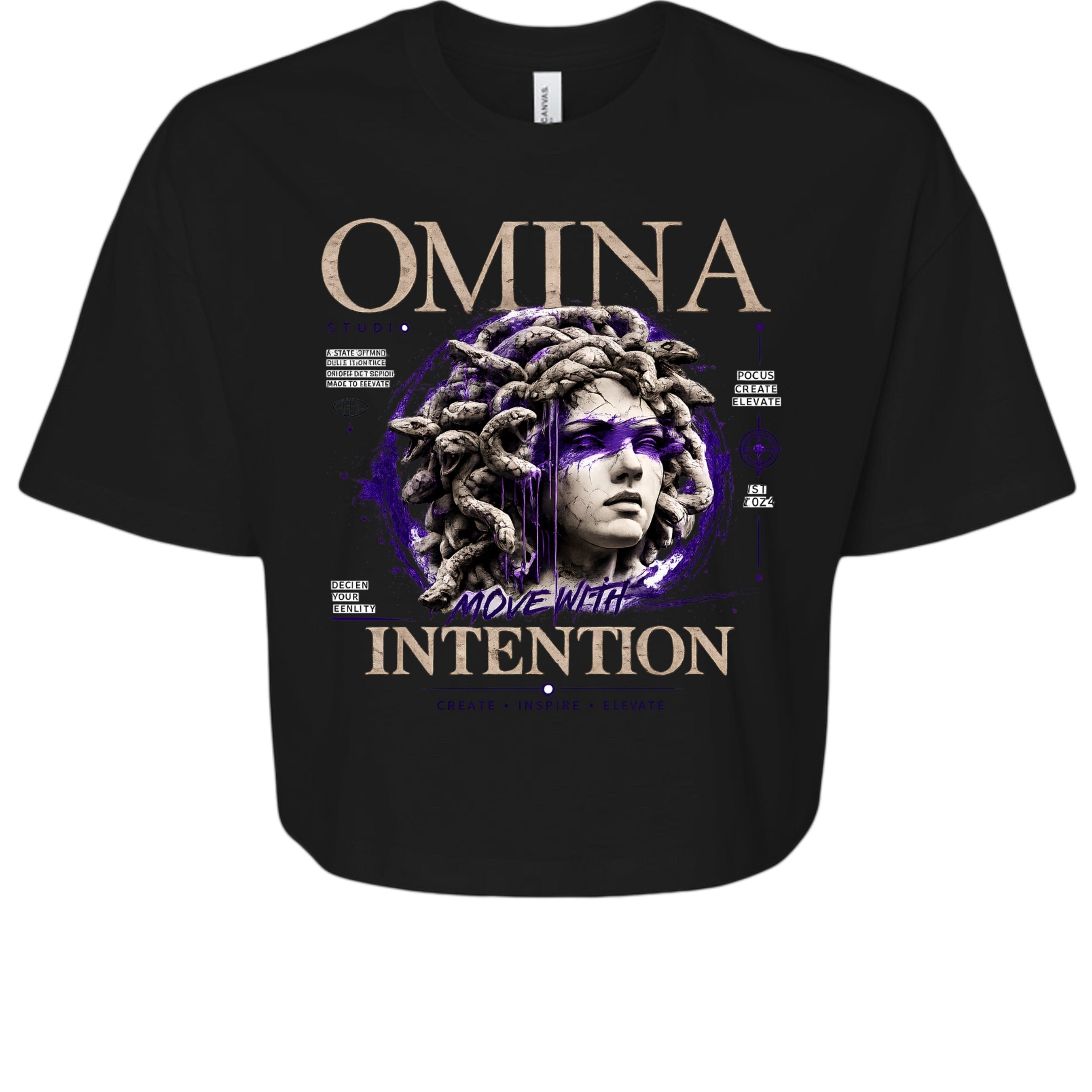 OMINA Studio black cropped heavyweight tee with Medusa graphic and "Move With Intention" text.