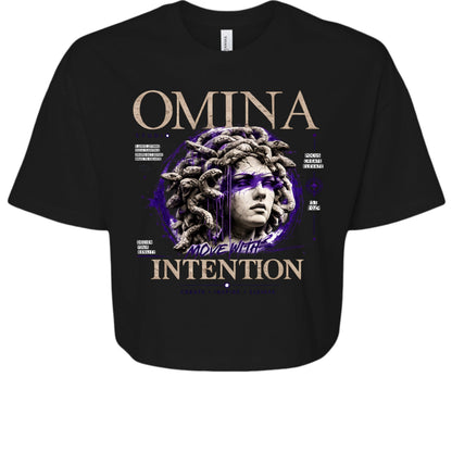OMINA Studio black cropped heavyweight tee with Medusa graphic and "Move With Intention" text.