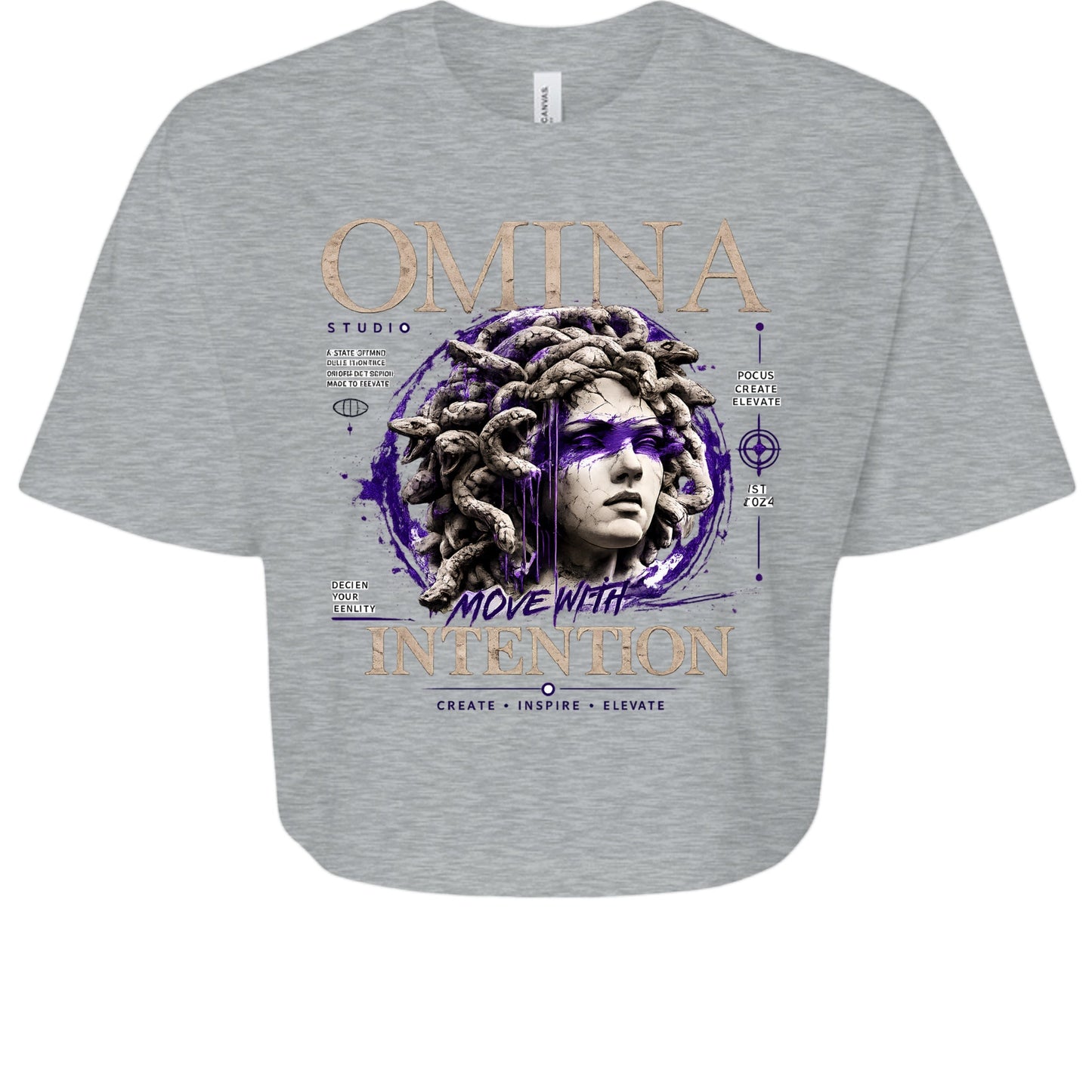 Omina Studio grey cropped heavyweight tee with Medusa graphic and "Move With Intention" text.
