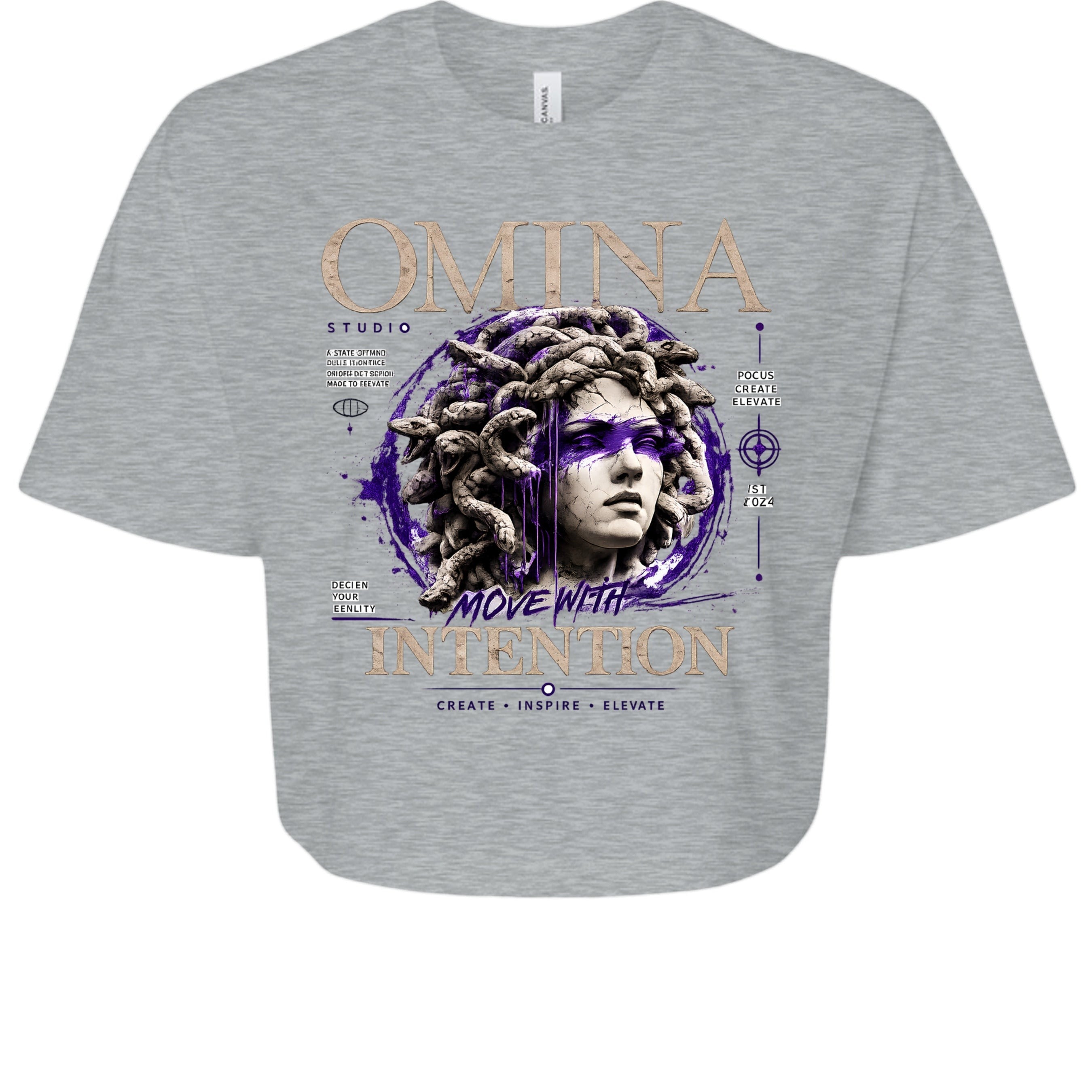 Omina Studio grey cropped heavyweight tee with Medusa graphic and "Move With Intention" text.