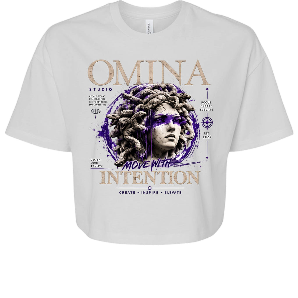 Omina Studio white cropped heavyweight tee with Medusa graphic and "Move With Intention" text. Cotton.