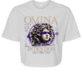 Omina Studio white cropped heavyweight tee with Medusa graphic and "Move With Intention" text. Cotton.