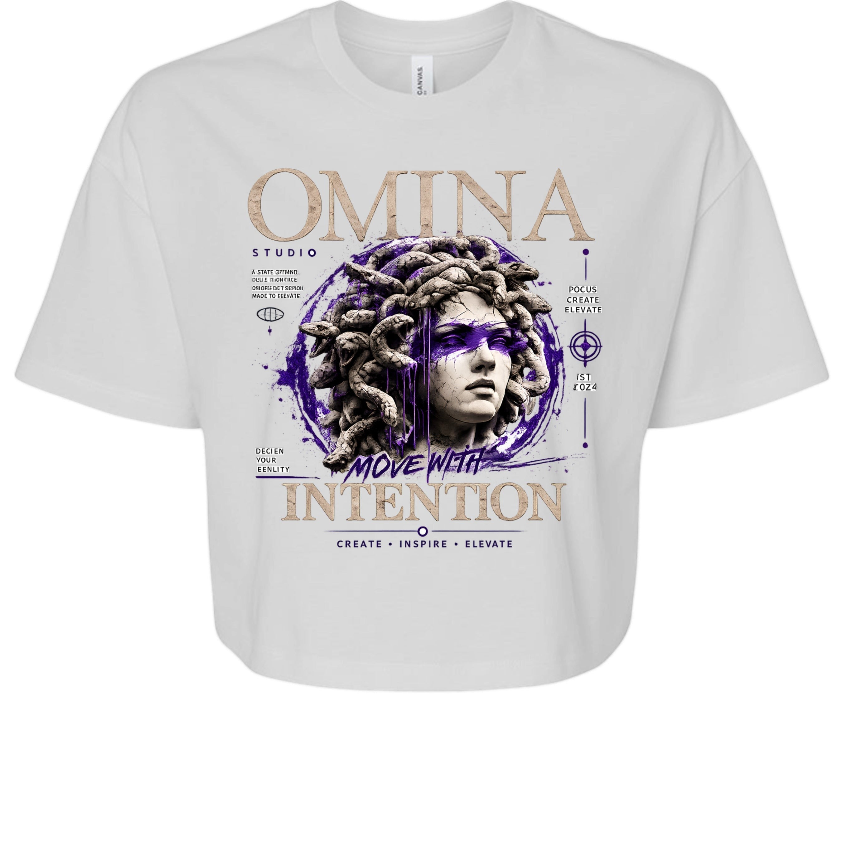 Omina Studio white cropped heavyweight tee with Medusa graphic and "Move With Intention" text. Cotton.