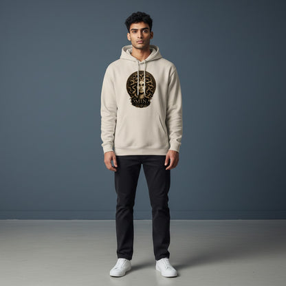 Omina Studio beige cotton-polyester blend hoodie with Medusa graphic and "All Things, All Within" text.