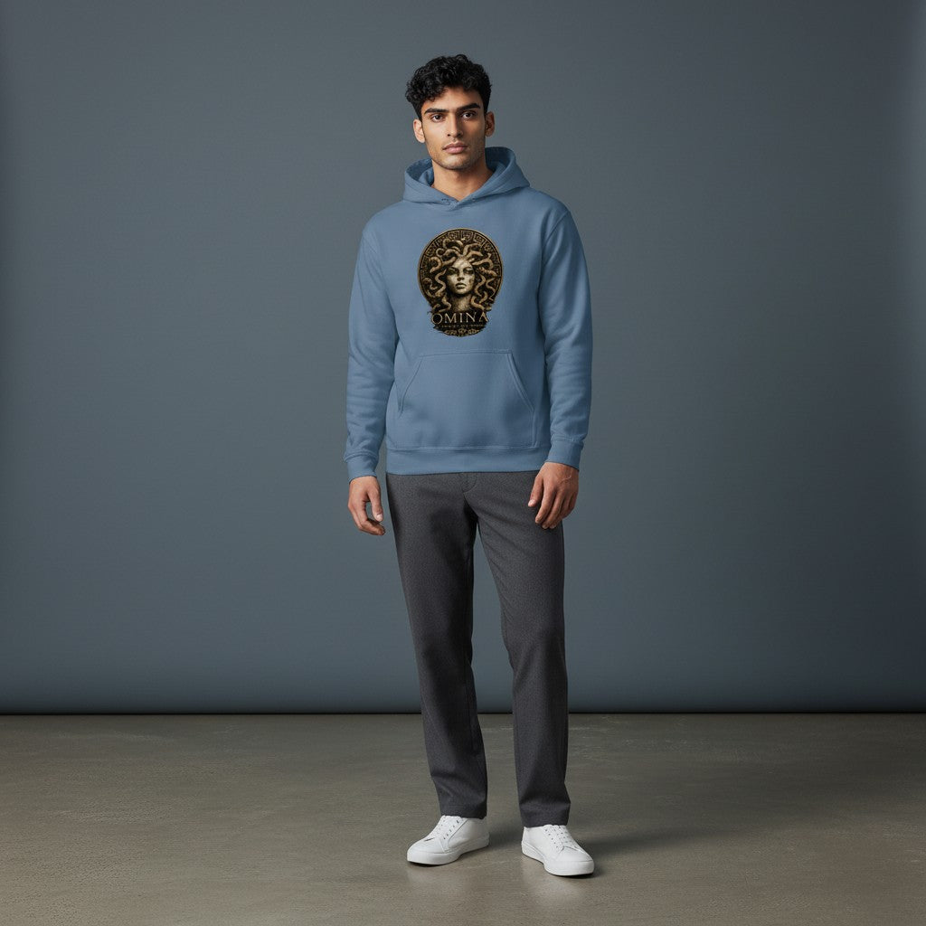 Omina Studio blue cotton blend hoodie with Medusa graphic and "All Things, All Within" text.