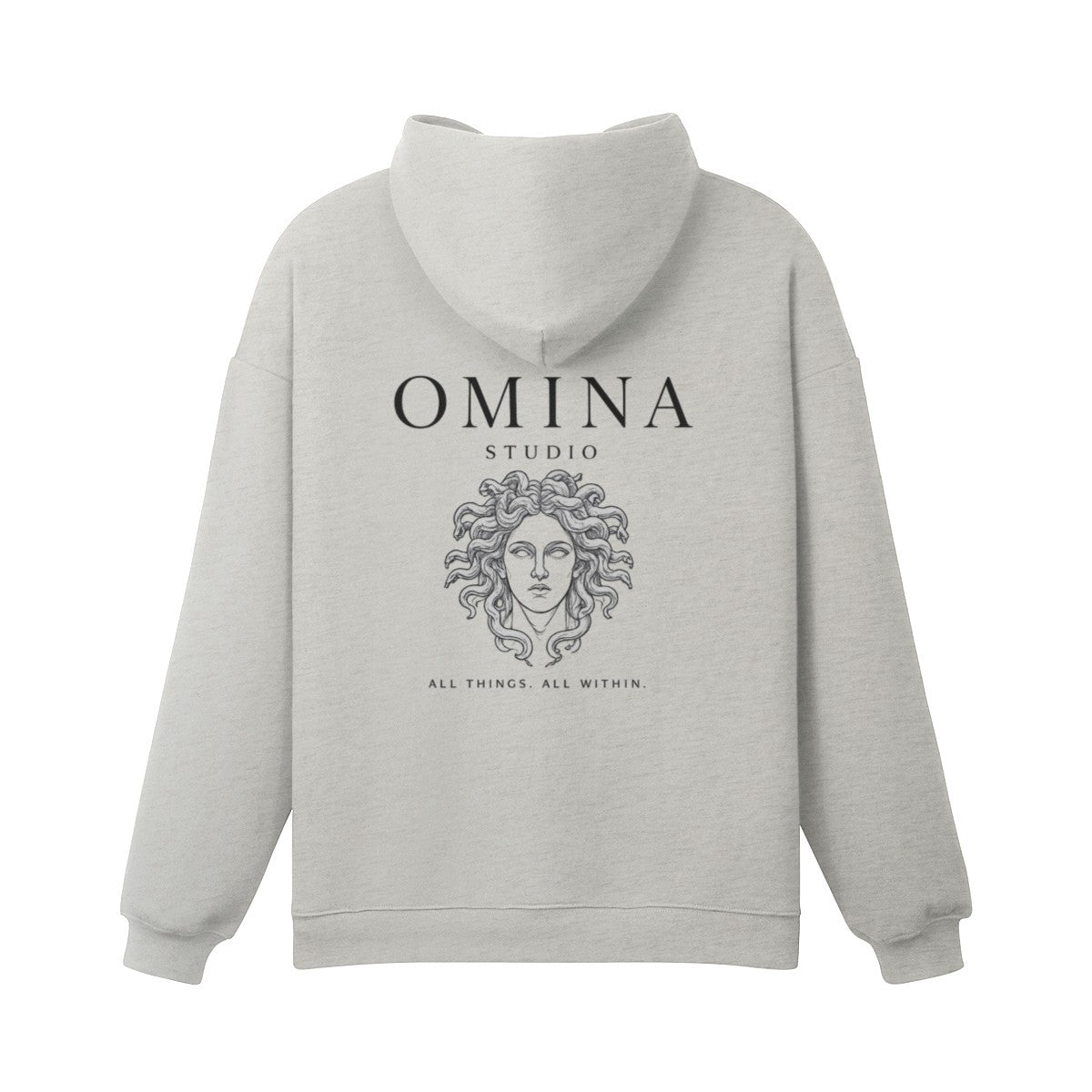 Omina Studio light grey heavyweight cotton hoodie with Medusa graphic and "All Things, All Within" text.