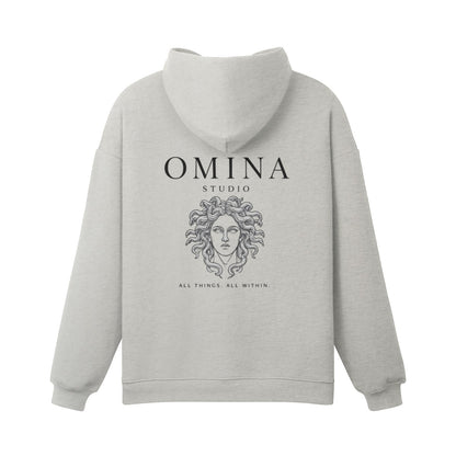 Omina Studio light grey heavyweight cotton hoodie with Medusa graphic and "All Things, All Within" text.