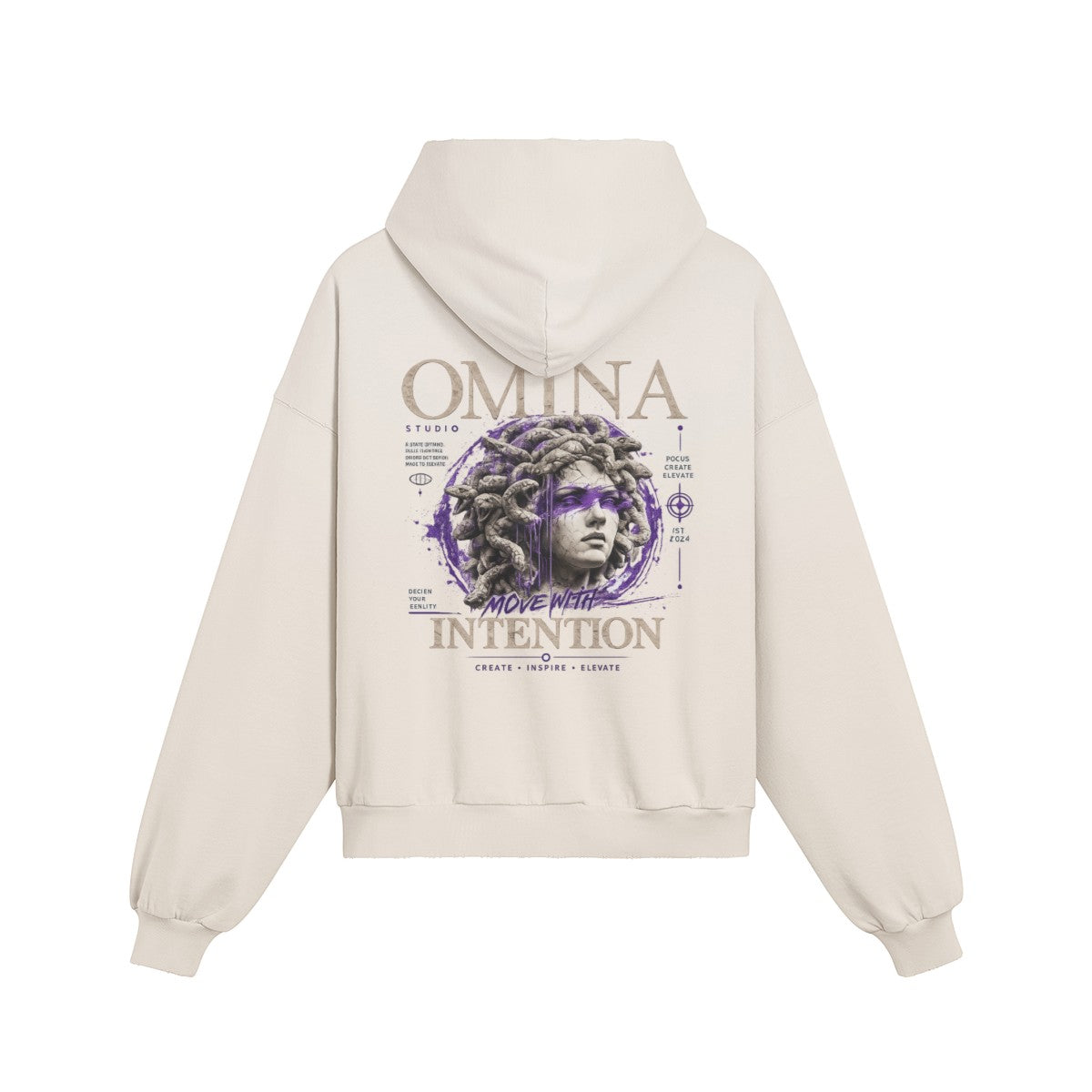 OMINA Studio heavyweight cream cotton hoodie with a graphic of Medusa and the text "Move With Intention" on the back.