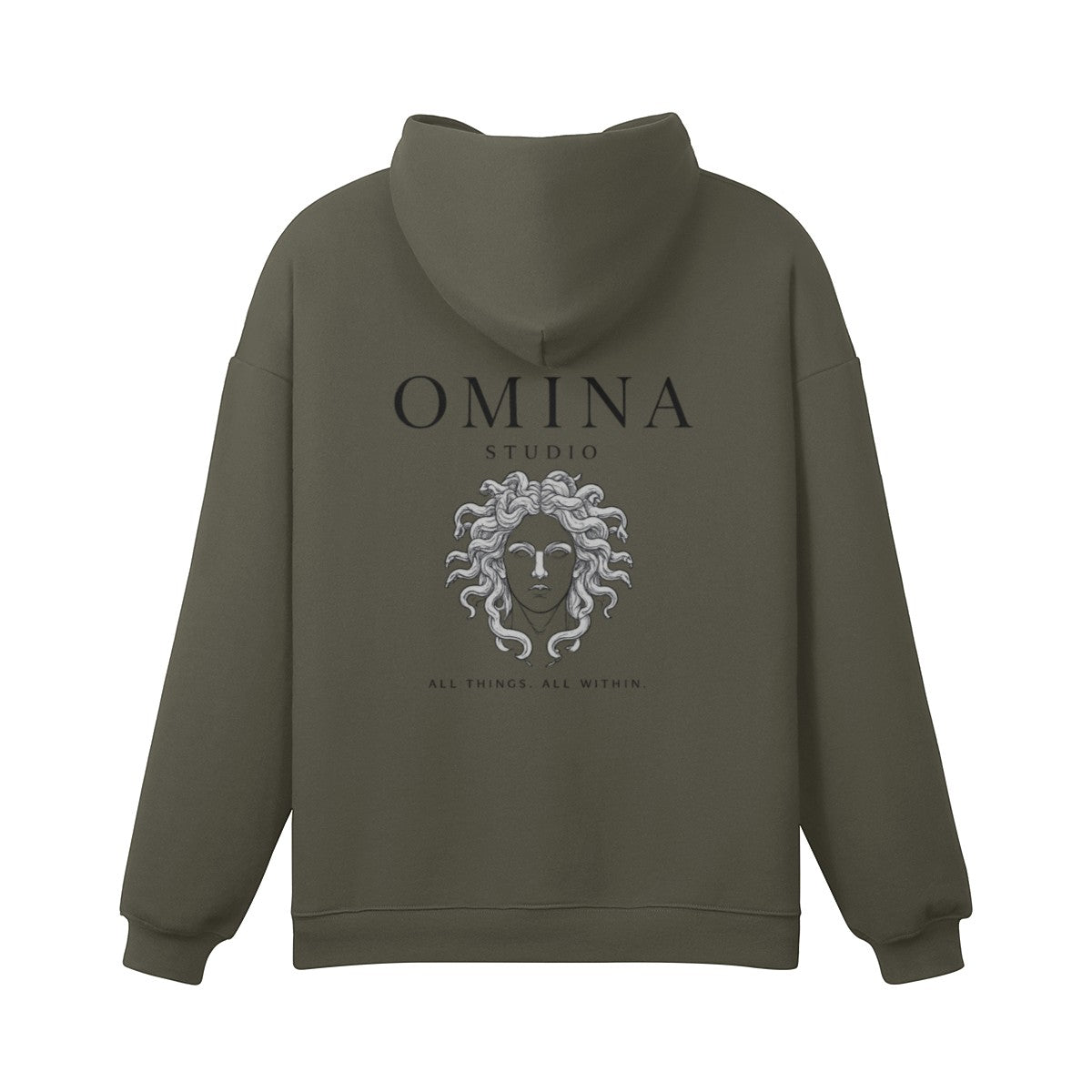OMINA Studio olive green heavyweight cotton hoodie with Medusa artwork and "All Things, All Within" text.