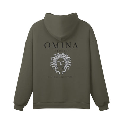 OMINA Studio olive green heavyweight cotton hoodie with Medusa artwork and "All Things, All Within" text.