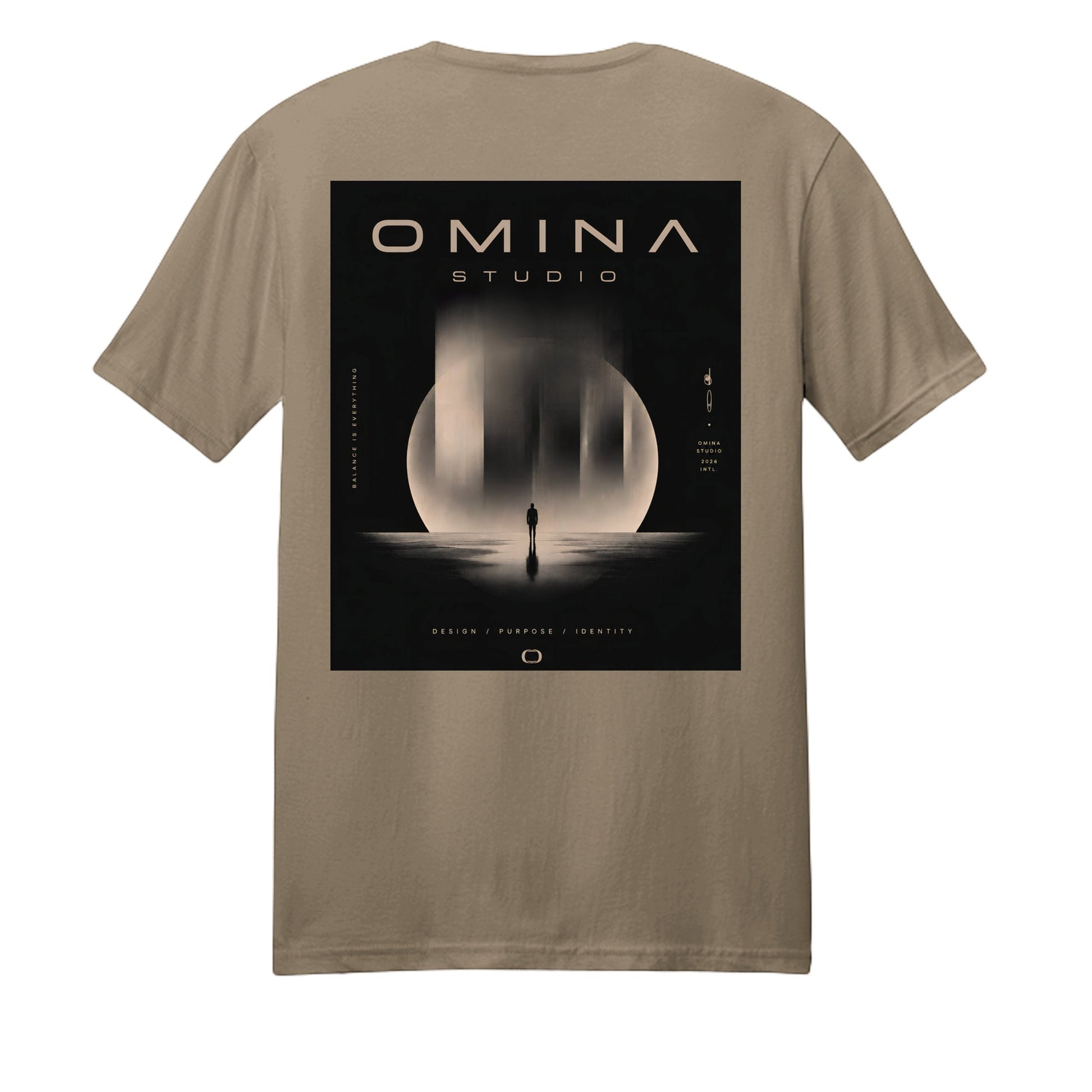 Omina Studio tan heavyweight cotton t-shirt with a large graphic print on the back featuring a silhouette of a person looking at a large moon.