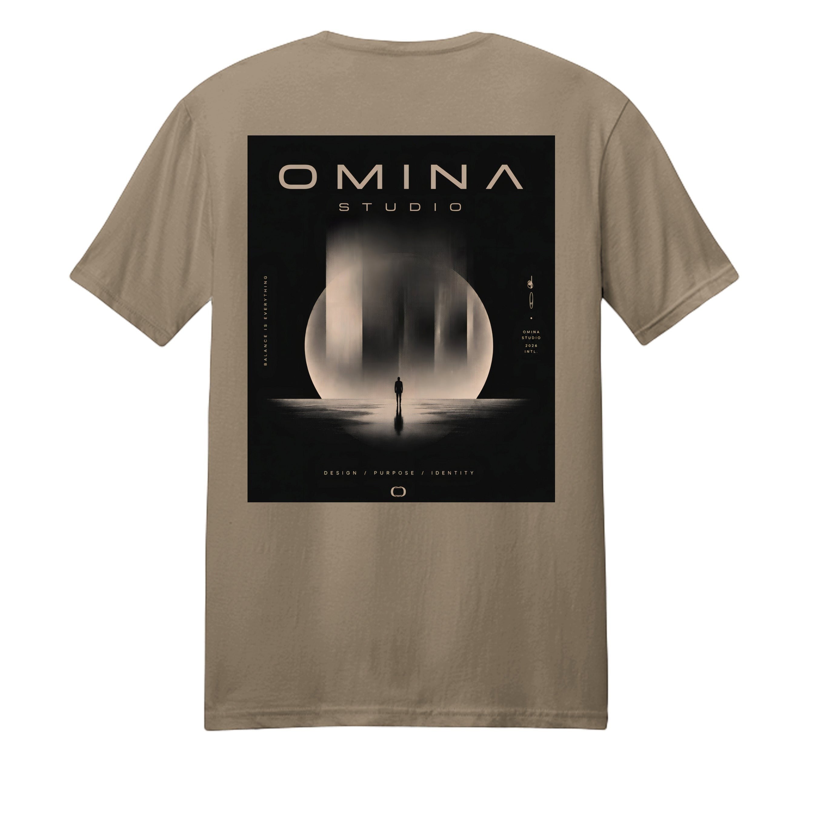 Omina Studio tan heavyweight cotton t-shirt with a large graphic print on the back featuring a silhouette of a person looking at a large moon.