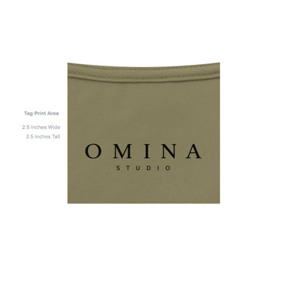 OMINA Studio olive green heavyweight cotton t-shirt with Moon Shadow graphic and wide rib collar.