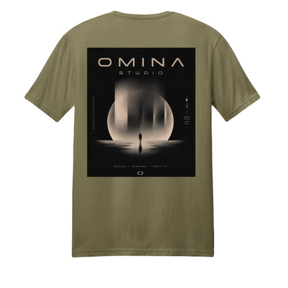 Omina Studio olive green heavyweight cotton t-shirt with a graphic print of a person standing in front of a large moon-like circle with abstract vertical elements.