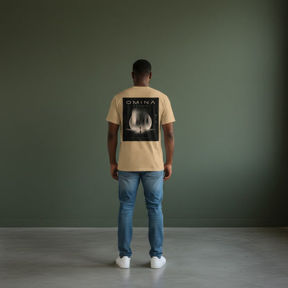 Omina Studio tan heavyweight cotton t-shirt with a graphic print of a person standing before a large moon and abstract shapes.