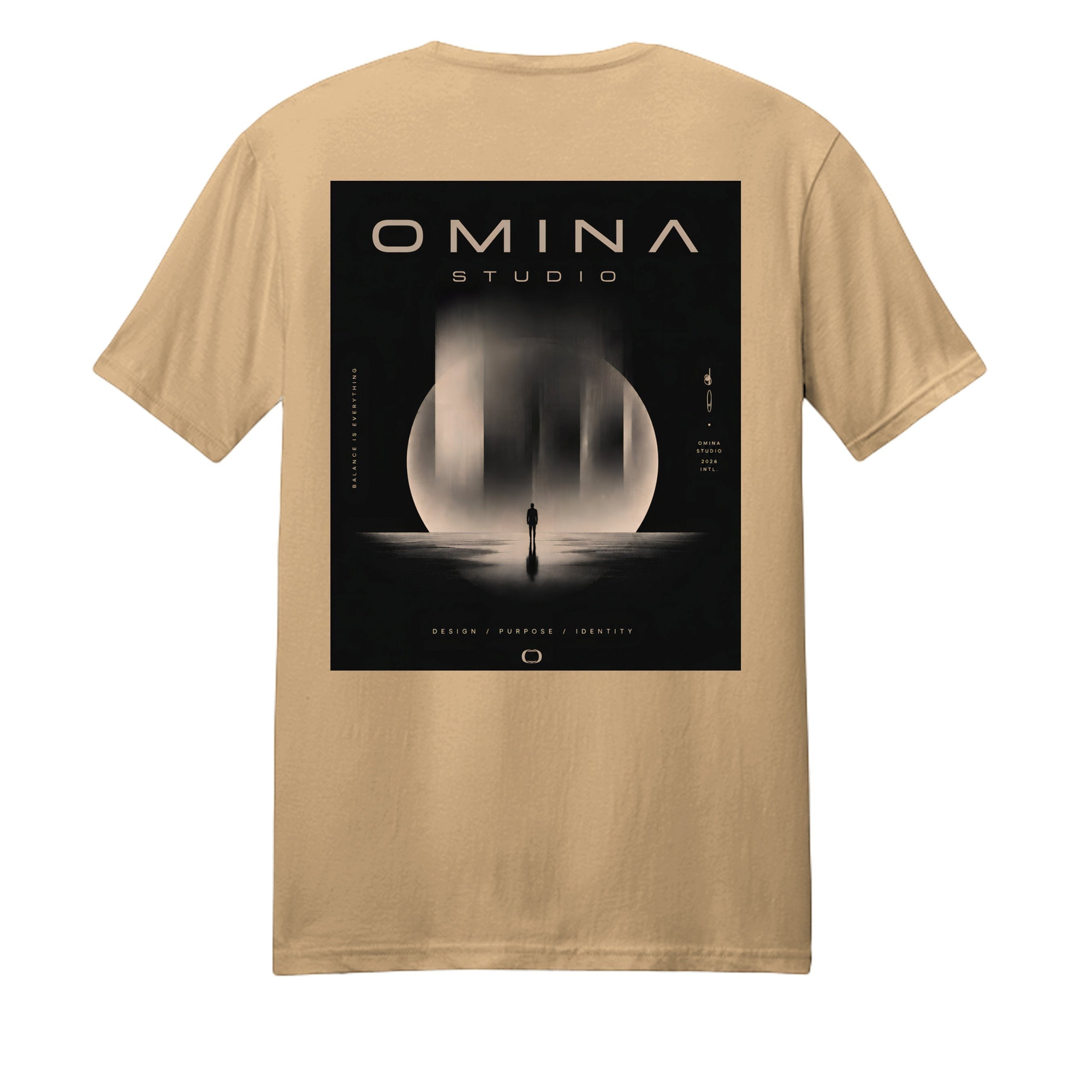 Omina Studio tan heavyweight cotton t-shirt with a graphic print of a silhouette standing before a large moon.