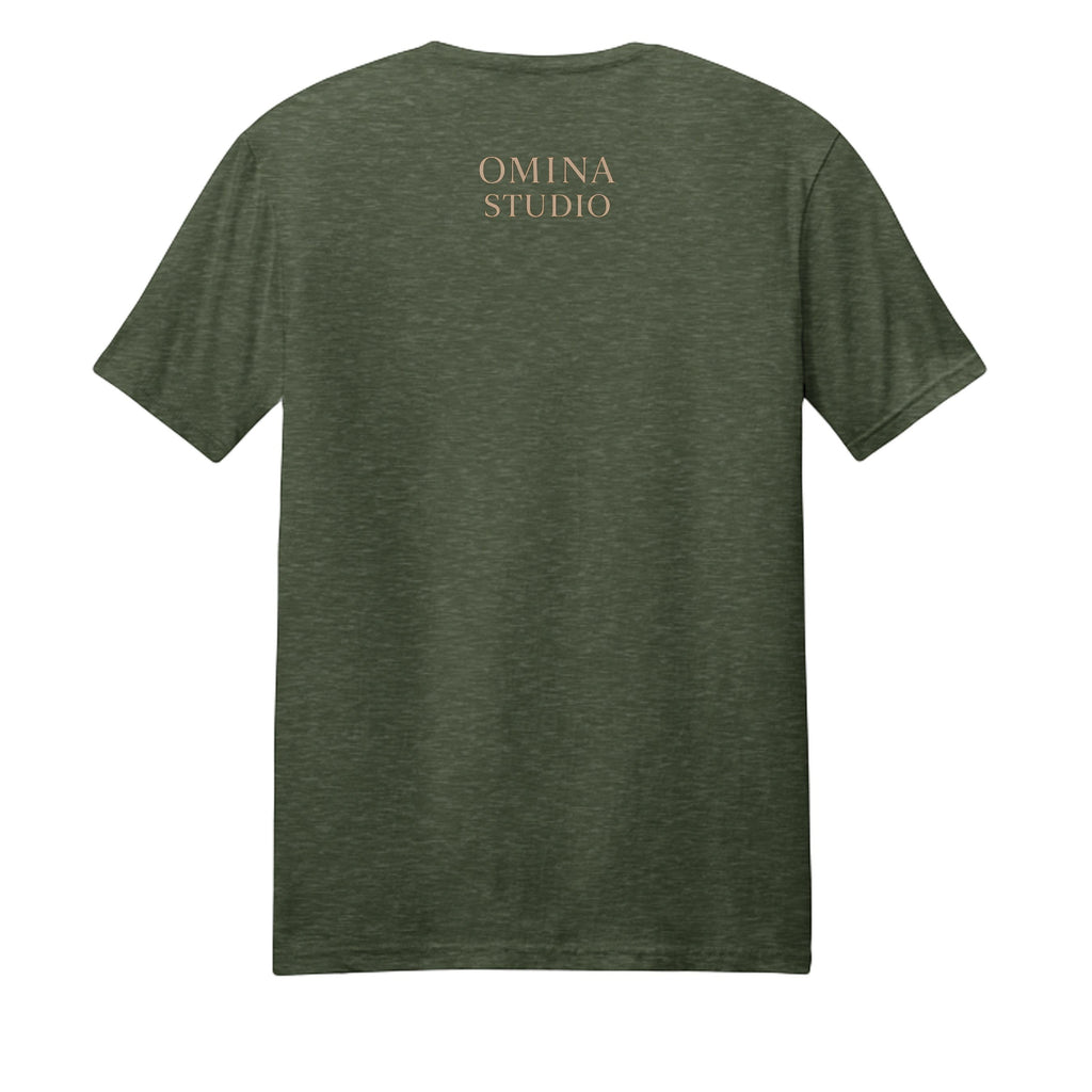 Omina Studio olive green cotton t-shirt with a subtle heathered texture and a small logo on the back.