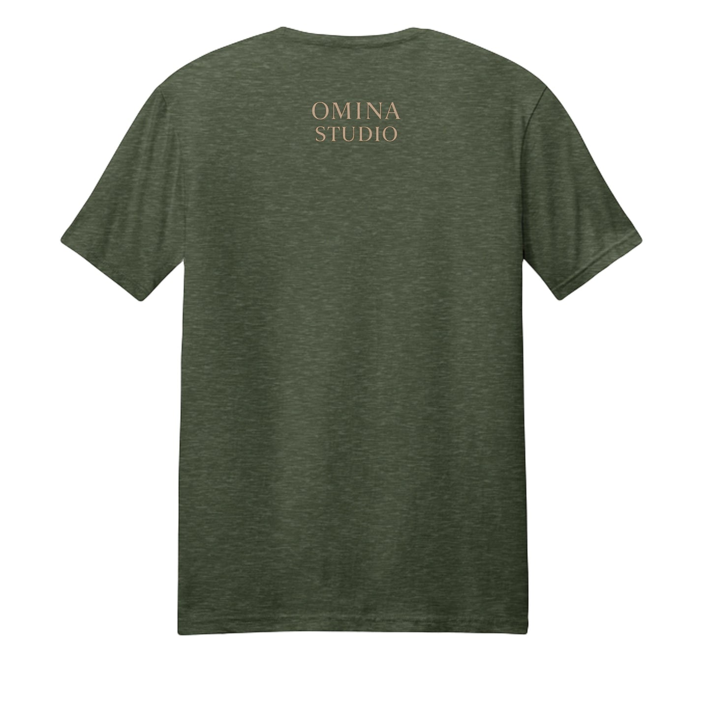 Omina Studio olive green cotton t-shirt with a subtle heathered texture and a small logo on the back.