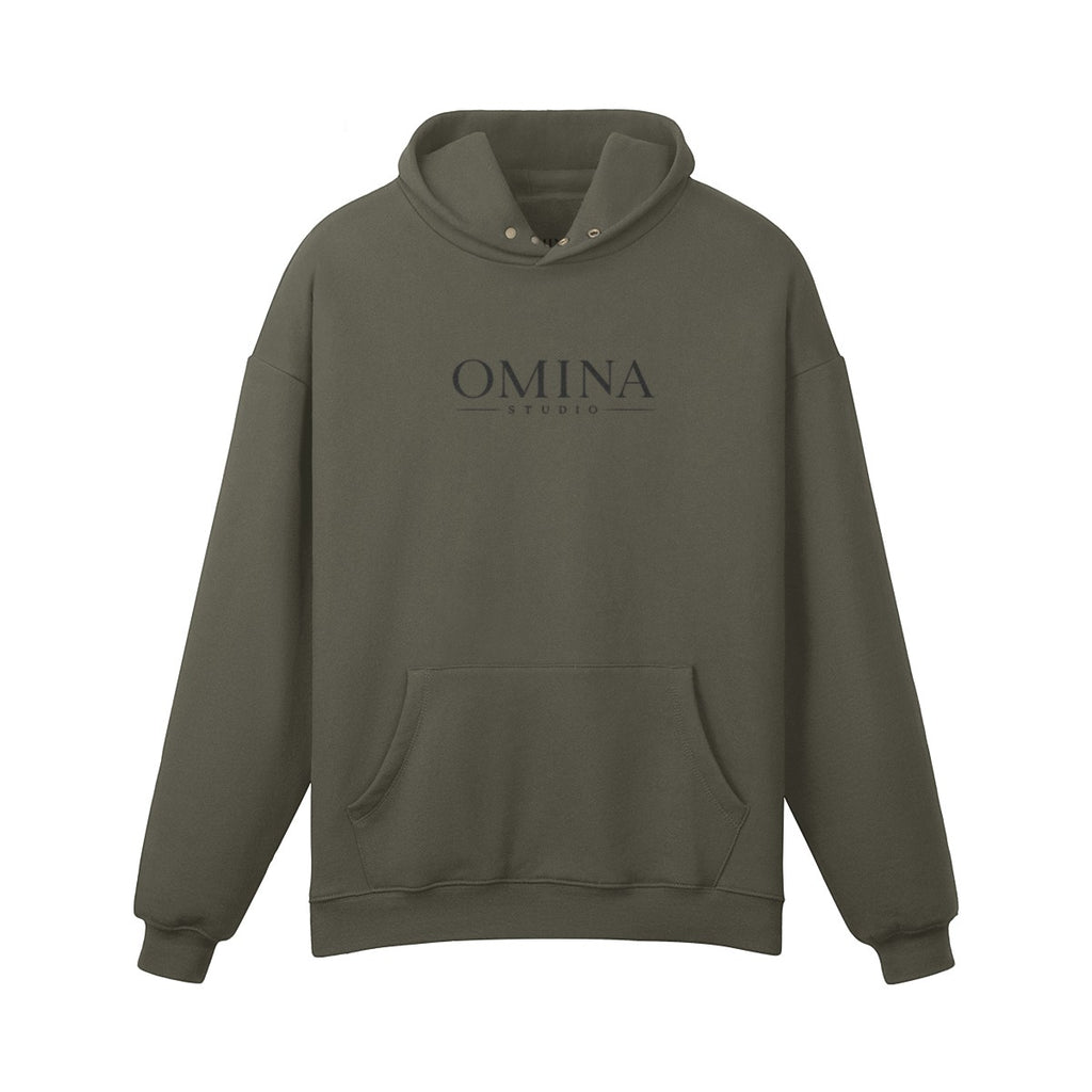 Omina Studio olive green heavyweight cotton hoodie with snap button high collar and kangaroo pocket.