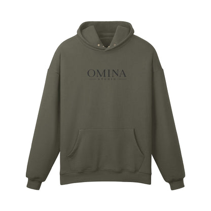 Omina Studio olive green heavyweight cotton hoodie with snap button high collar and kangaroo pocket.