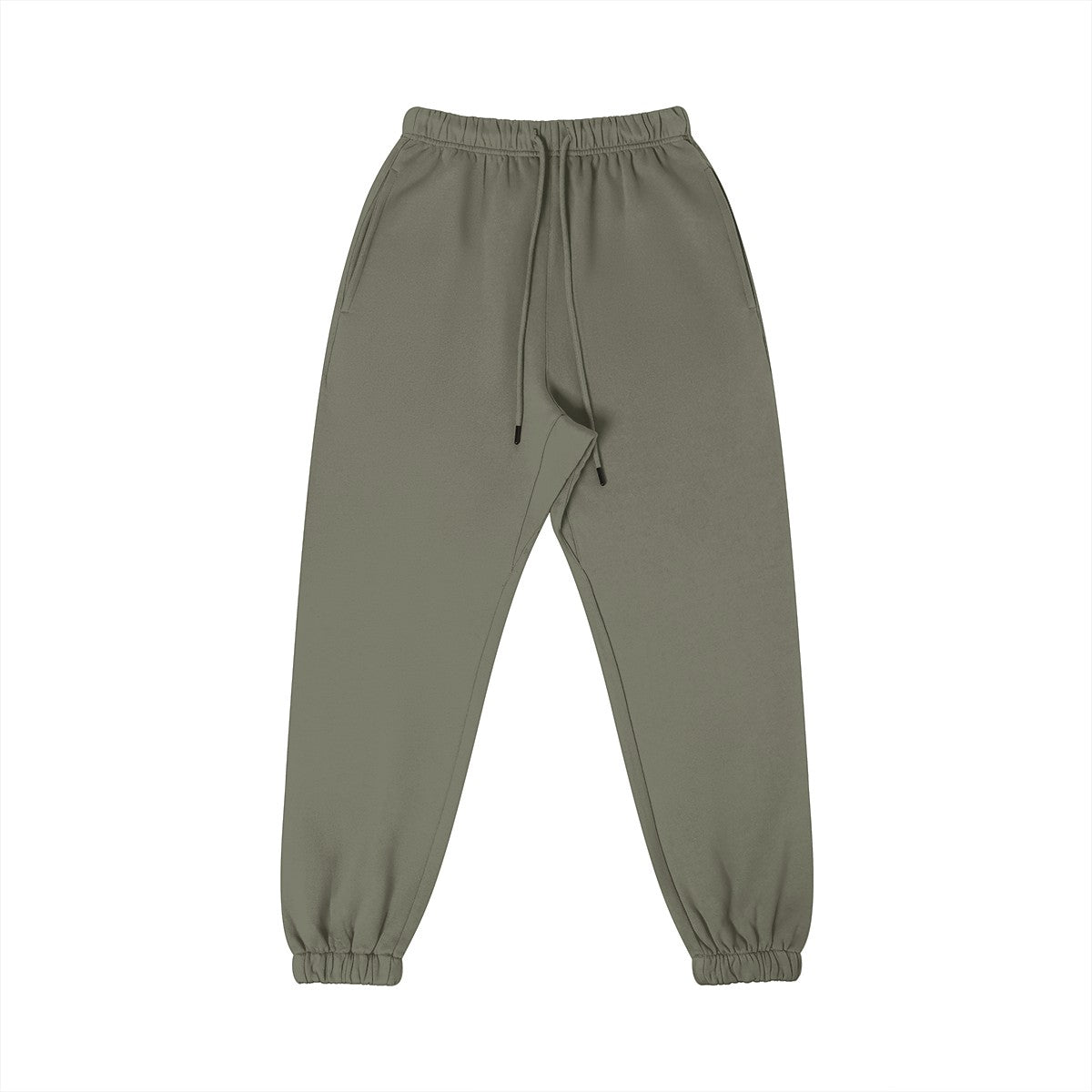 Omina Studio olive green cotton sweatpants with tapered fit, elastic waistband, drawstring, and cuffed ankles.