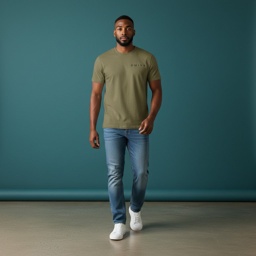 OMINA Studio olive green heavyweight cotton t-shirt with a small black logo on the left chest. Relaxed fit.
