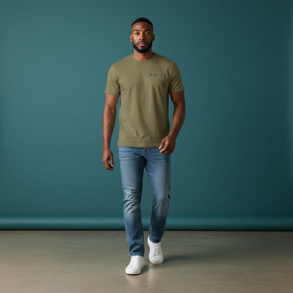 OMINA Studio olive green heavyweight cotton t-shirt with a small black logo on the left chest. Relaxed fit.