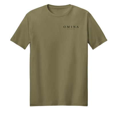 OMINA Studio olive green heavyweight cotton t-shirt with subtle graphic logo on chest. Relaxed fit.
