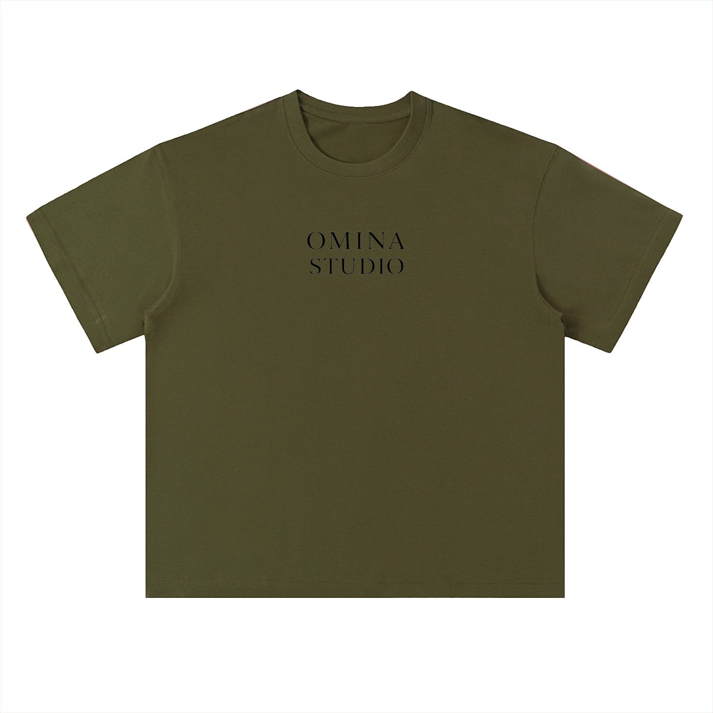 Omina Studio heavyweight cotton t-shirt in olive green with drop shoulders and a relaxed fit. Features a subtle logo print.