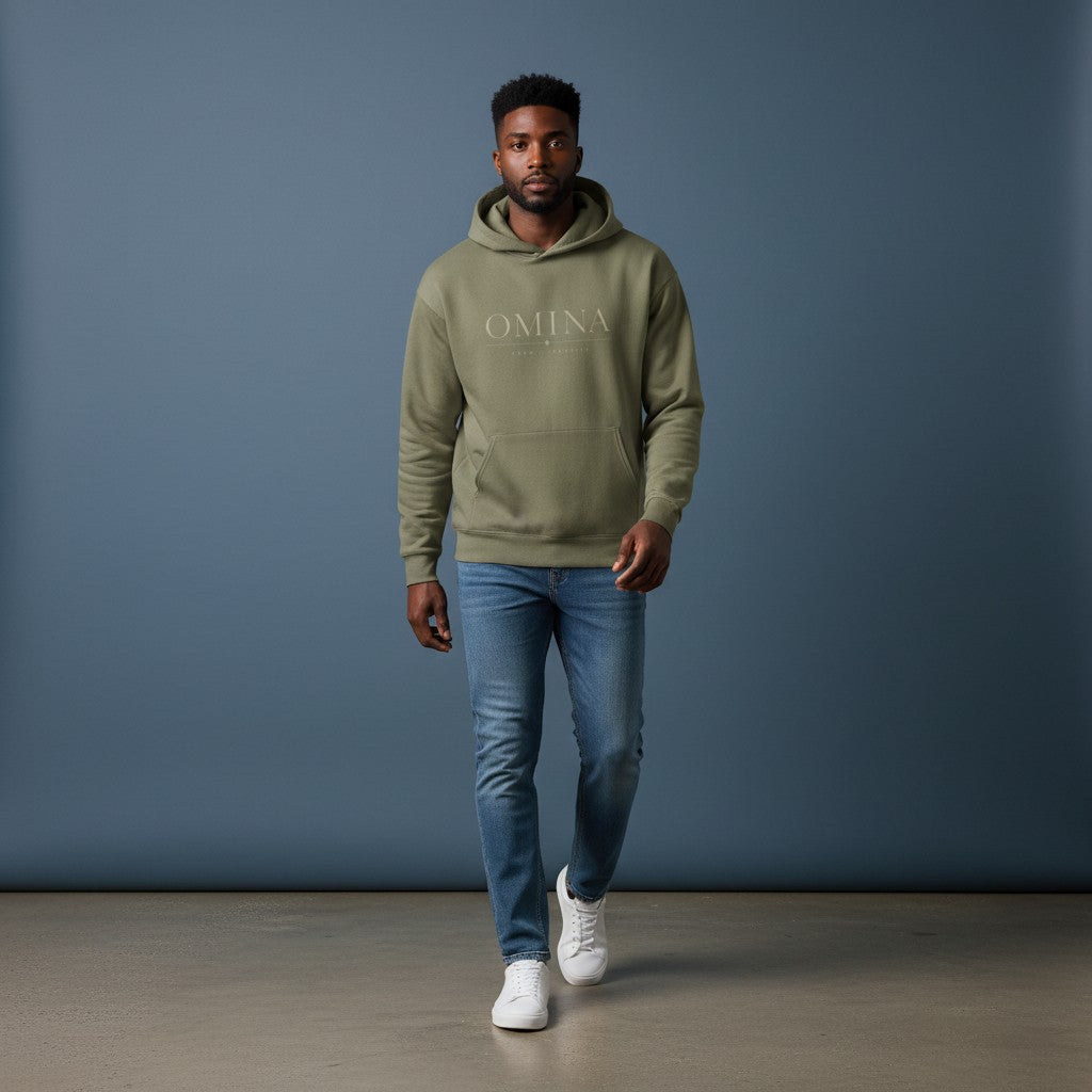 Omina Studio olive green cotton blend hoodie with a subtle graphic logo on the chest.