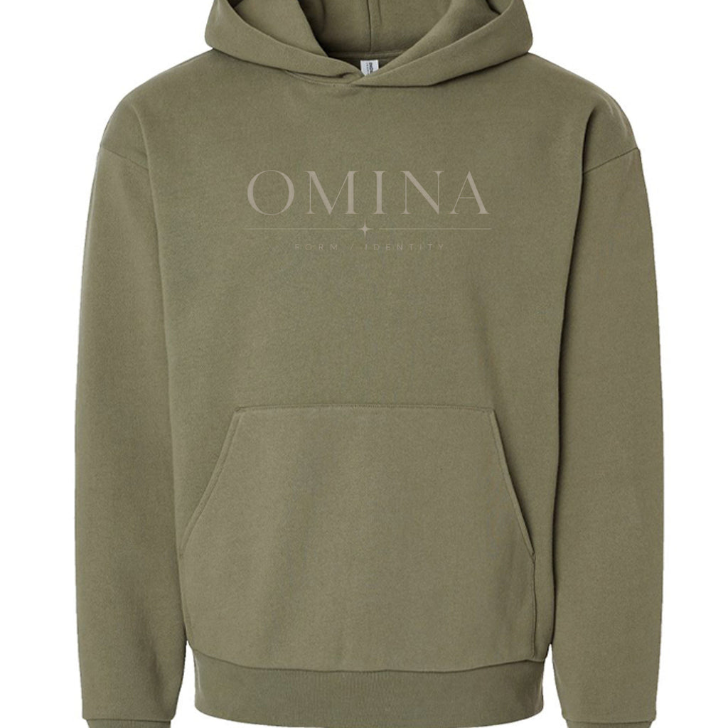 Omina Studio olive green cotton blend hoodie with subtle OMINA FORM IDENTITY graphic on chest.