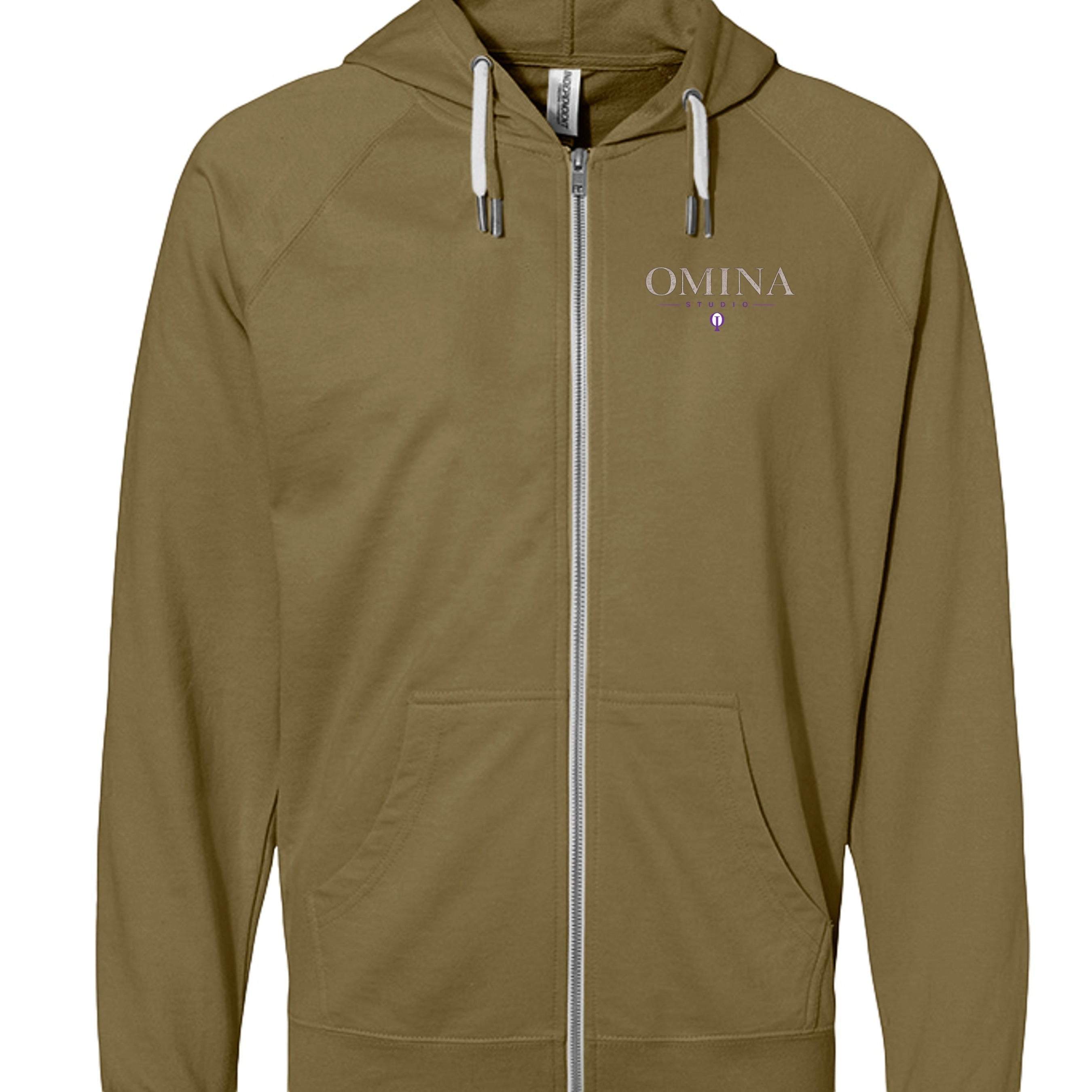 Omina Studio olive green lightweight loopback terry zip-up hoodie with white drawstrings and front pocket.