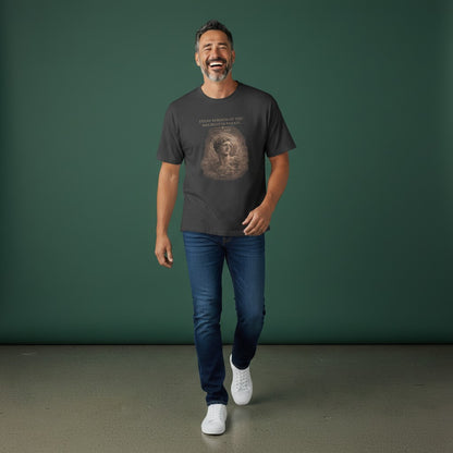 Omina Studio charcoal grey 100% combed cotton oversized t-shirt with raw hem, crew neck, and graphic print of a statue with text.