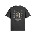 OMINA Studio dark grey cotton t-shirt with a split graphic of a classical bust and text reading "PROTECT YOUR PEACE"