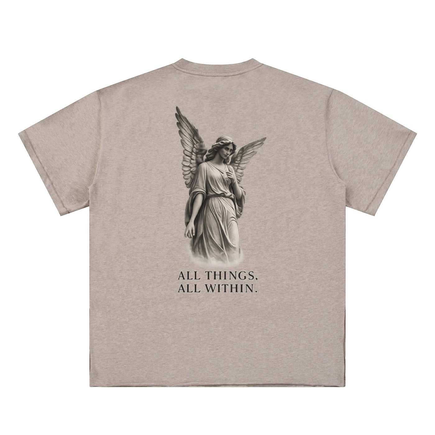 OMINA Studio beige essential cotton t-shirt with a graphic of an angel and the text "ALL THINGS, ALL WITHIN."