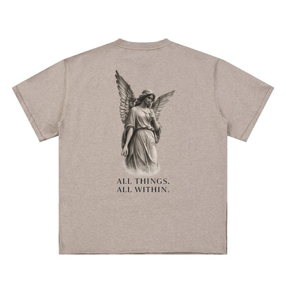 OMINA Studio beige essential cotton t-shirt with a graphic of an angel and the text "ALL THINGS, ALL WITHIN."