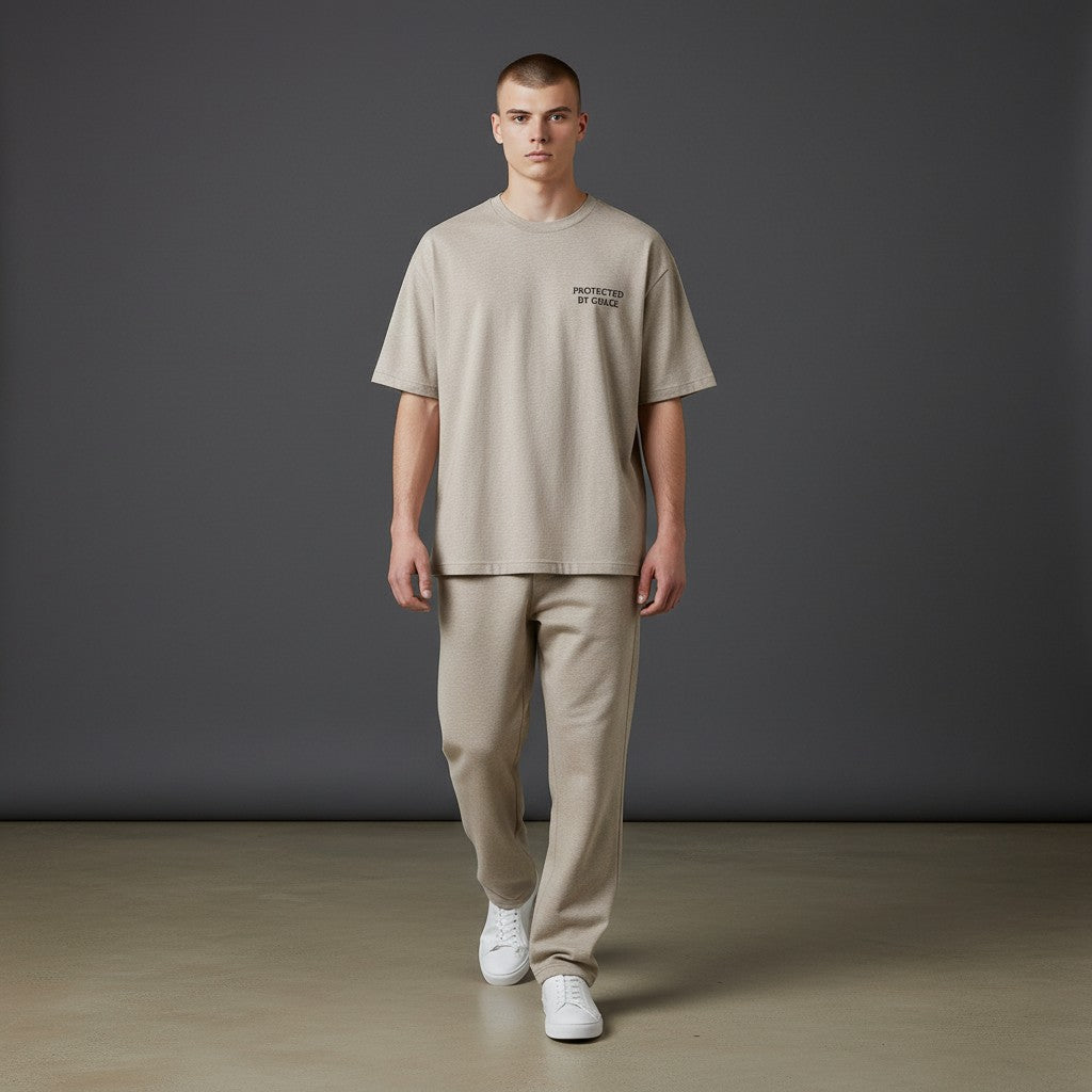 Omina Studio light beige essential cotton t-shirt with "PROTECTED BY GRACE" text on the left chest.
