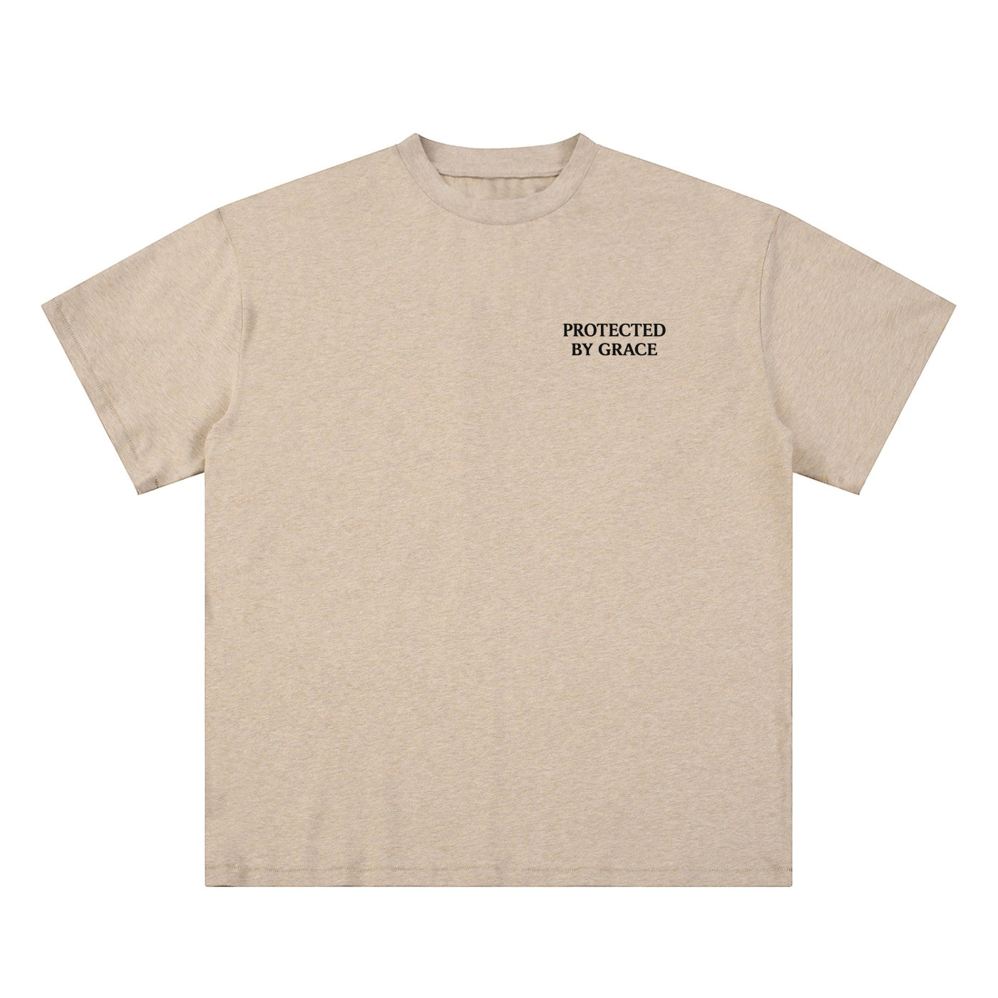 OMINA Studio beige heathered cotton t-shirt with "PROTECTED BY GRACE" text on the left chest.