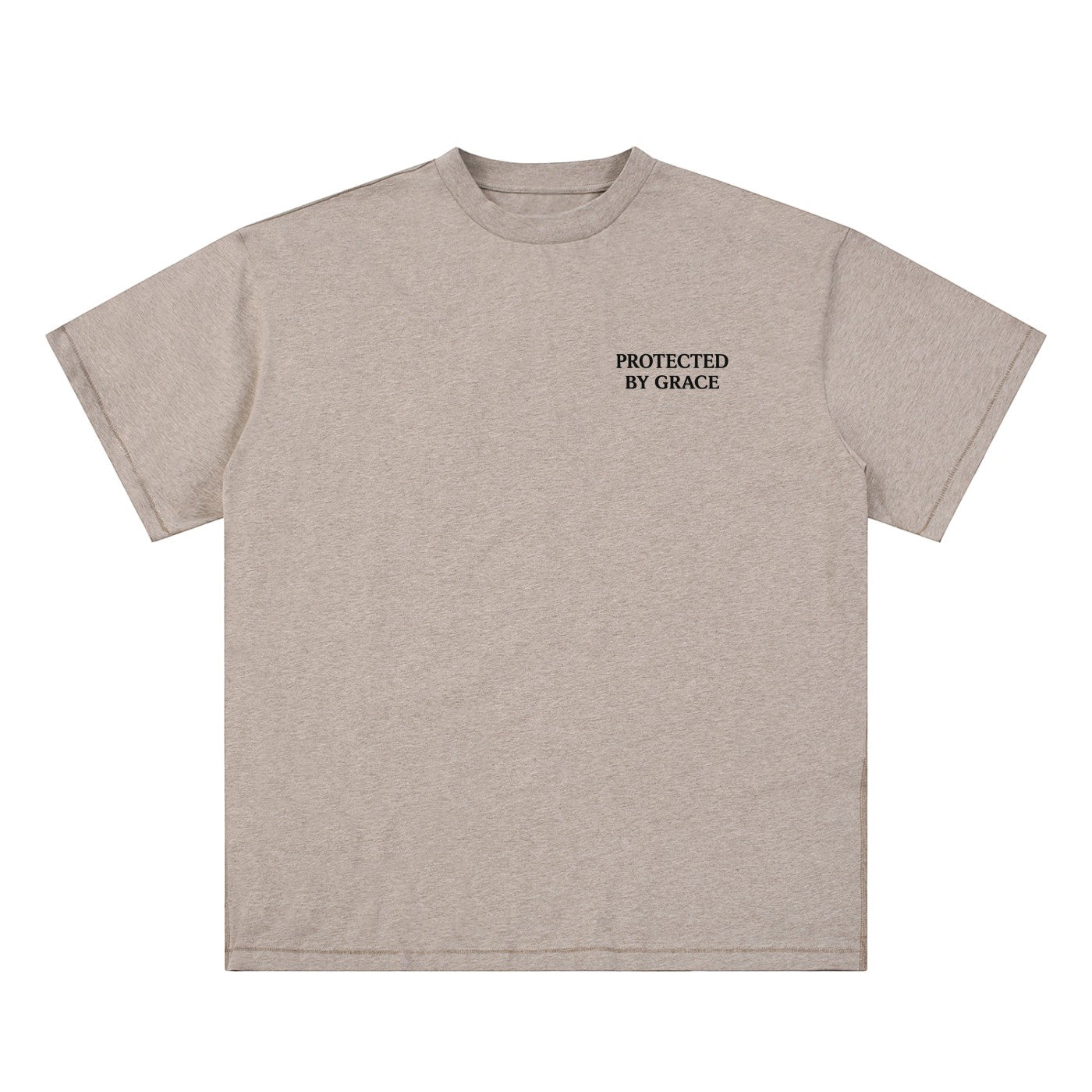 OMINA Studio beige essential cotton t-shirt with "PROTECTED BY GRACE" text on the chest.