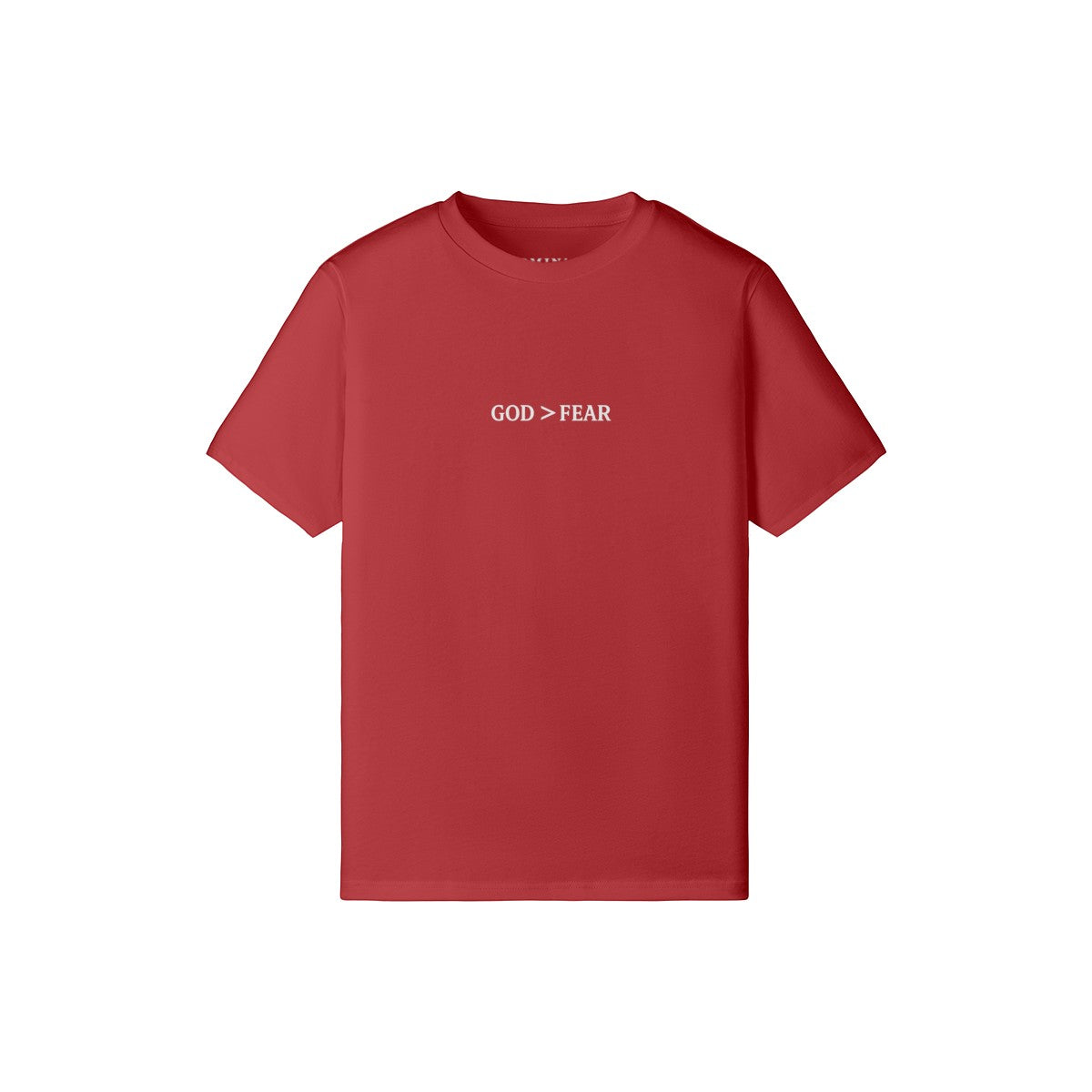 Omina Studio red cotton crew neck t-shirt with "GOD > FEAR" graphic. Slim fit, cropped silhouette.