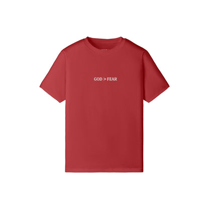 Omina Studio red cotton crew neck t-shirt with "GOD > FEAR" graphic. Slim fit, cropped silhouette.