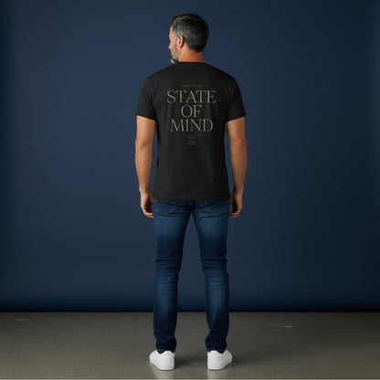 OMINA Studio black quick dry t-shirt with "State Of Mind" graphic print on back.