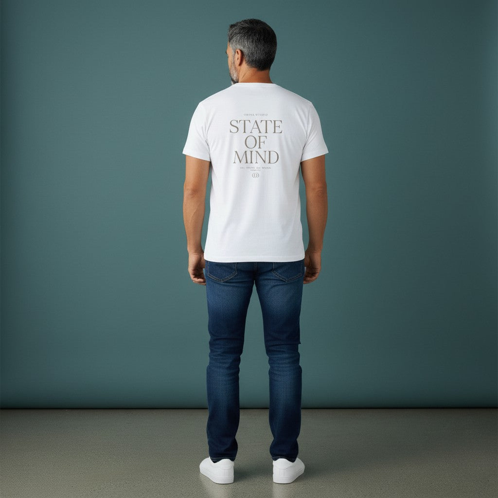 Omina Studio white quick-dry t-shirt with "State Of Mind" graphic print on back.
