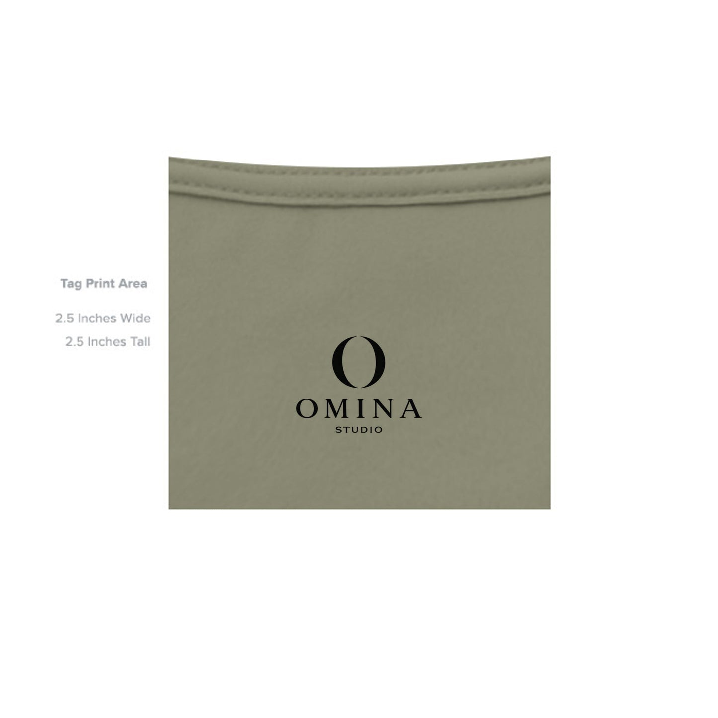 Omina Studio branded inner neck label print area on an olive green heavyweight cotton t-shirt