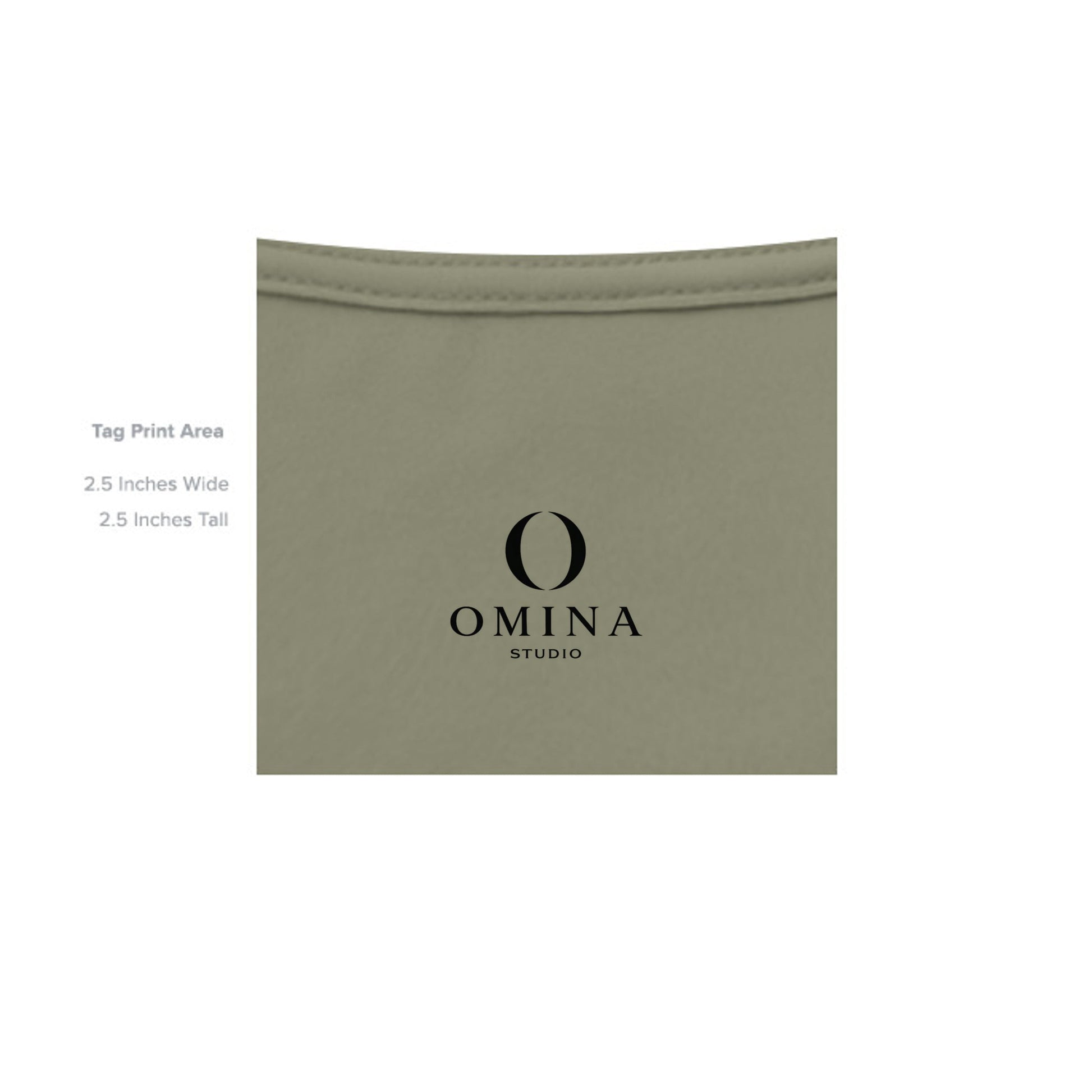 Omina Studio branded inner neck label print area on an olive green heavyweight cotton t-shirt