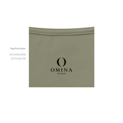 Omina Studio branded inner neck label print area on an olive green heavyweight cotton t-shirt